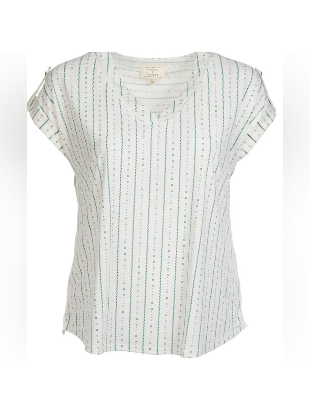Flower & Feather V Neck Top Size 2X roll tab short sleeve, navy green and white